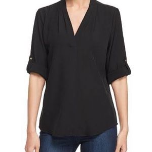 EMERALD GREEN Calvin Klein V Neck Roll Sleeve Blouse